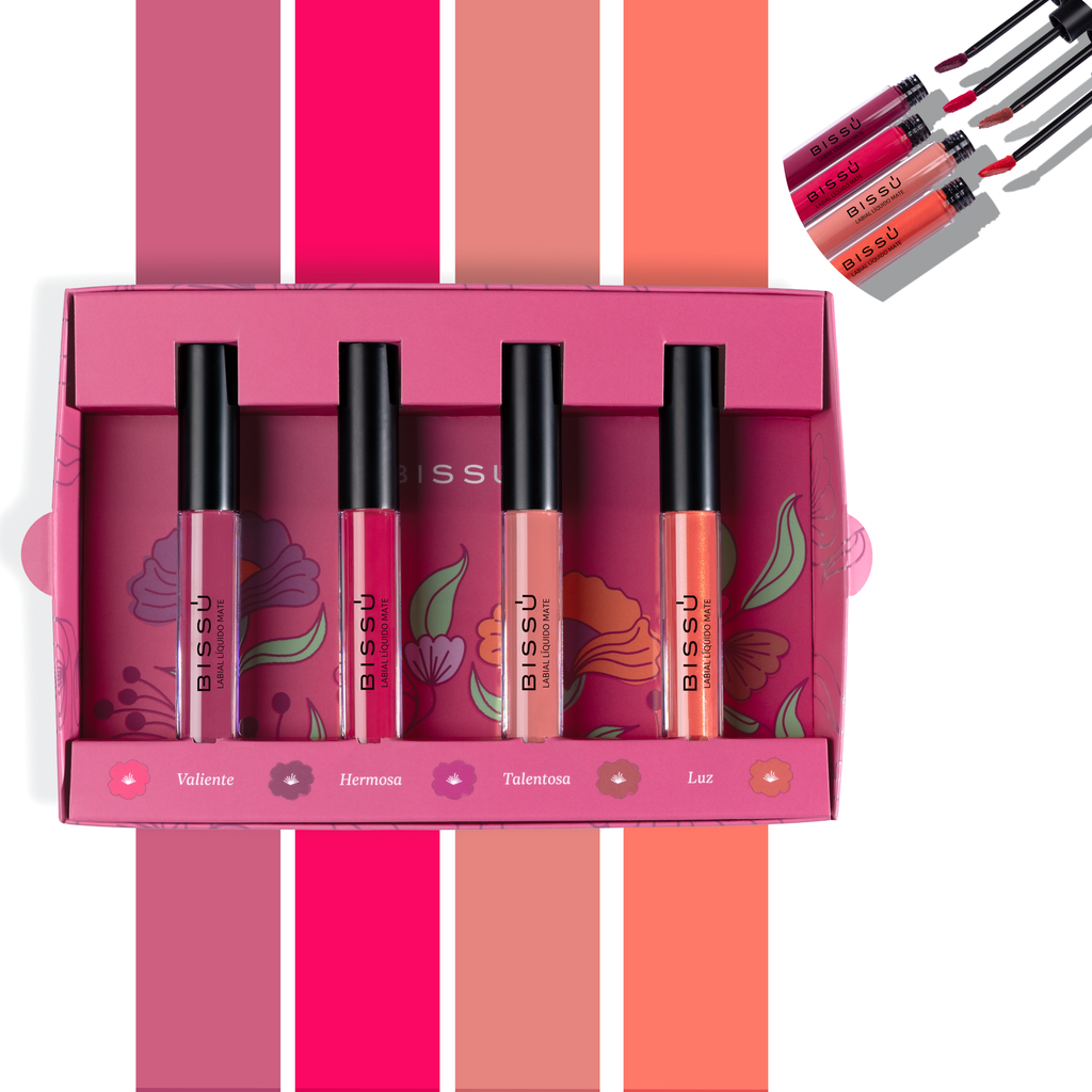 KIT DE LABIAL LIQUIDO MATE BISSU C/4PZAS ROSA